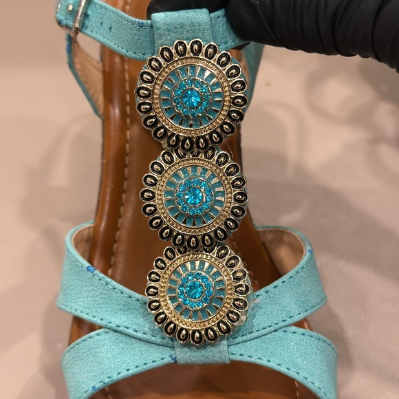Spring Step Turquoise Beaded Wedge Sandals - Picture 6 of 9